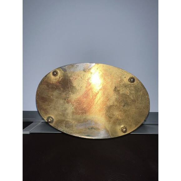 Hand-Etched Brass Jewelry Casket on Feet Oval Velvet Lined Hinged VTG 1950’s - Picture 4 of 8